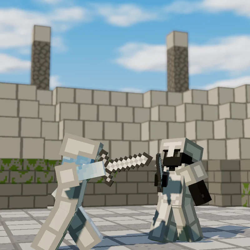 upBar and kih clash swords in iron armour in a stone arena