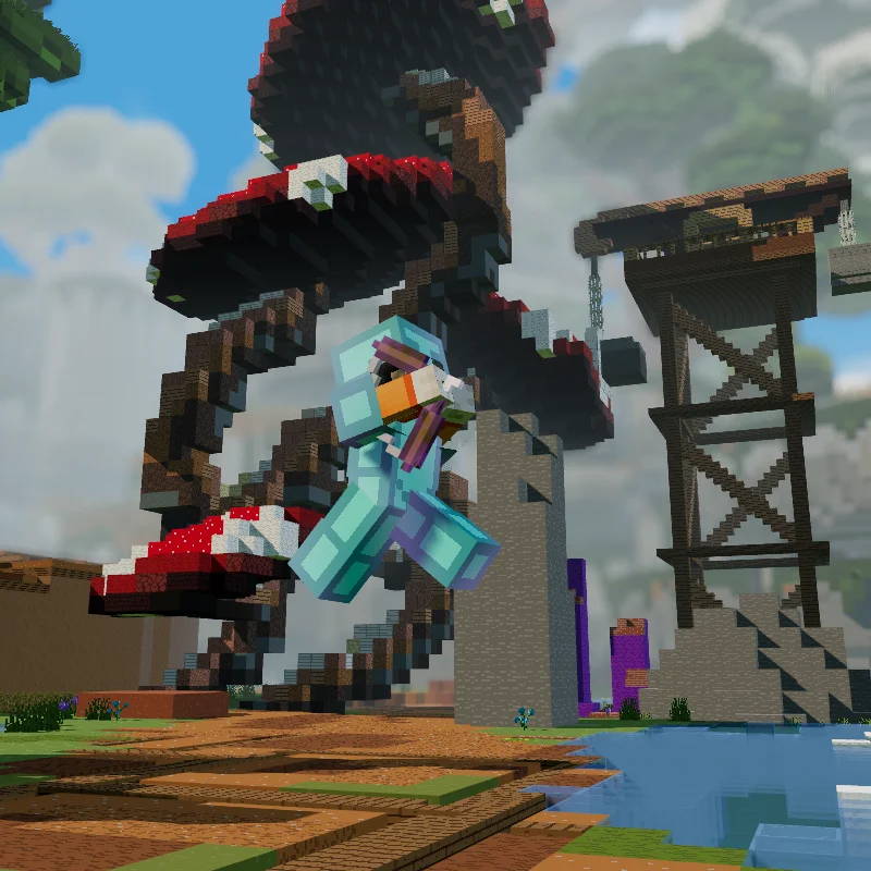 Djonga_cow sprint-jumps with a drawn bow in front of giant mushrooms on the KitPvP map