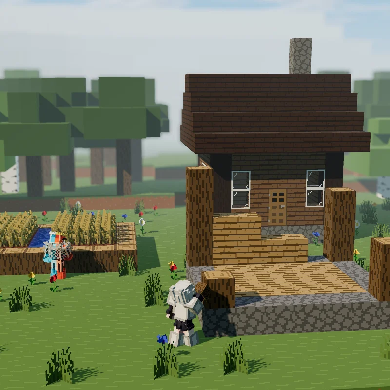 lzko sets a log on the corner post of a new base, with a house and a wheat farm behind